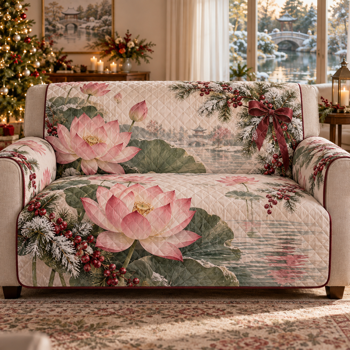 Winter Lotus Christmas Quilted Sofa Cover — digital product visualization