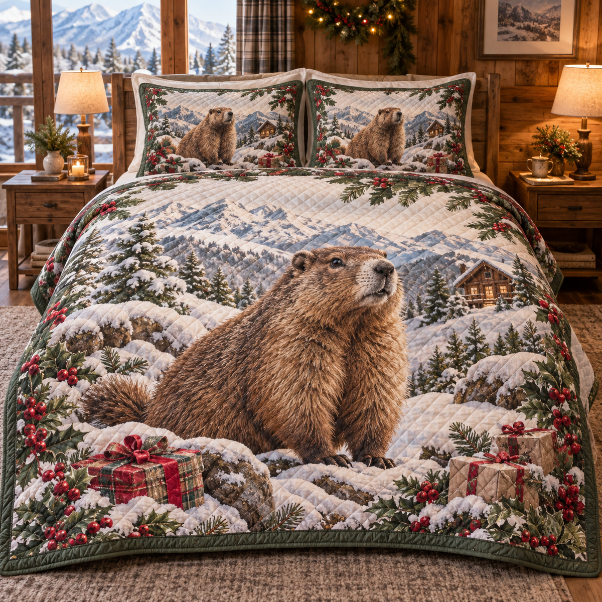Winter Marmot Christmas 3-Piece Quilted Bedding Set — digital product visualization