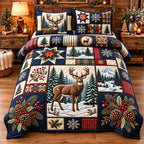 Winter Moose quilted 3-piece bedding set on a made bed in a winter-styled bedroom