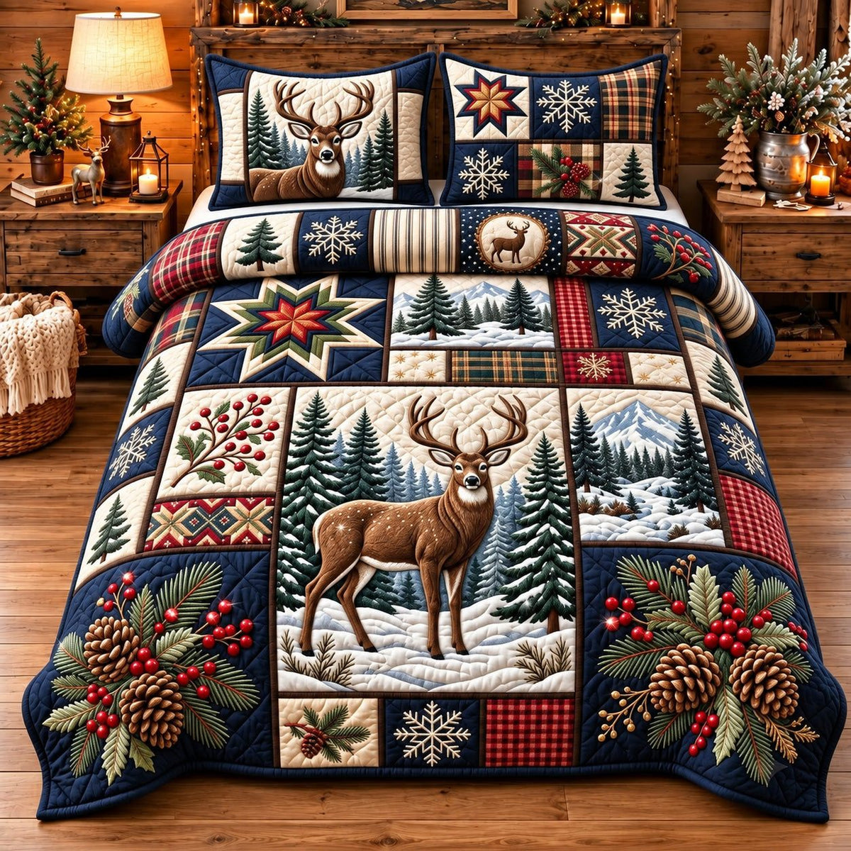 Winter Moose quilted 3-piece bedding set on a made bed in a winter-styled bedroom