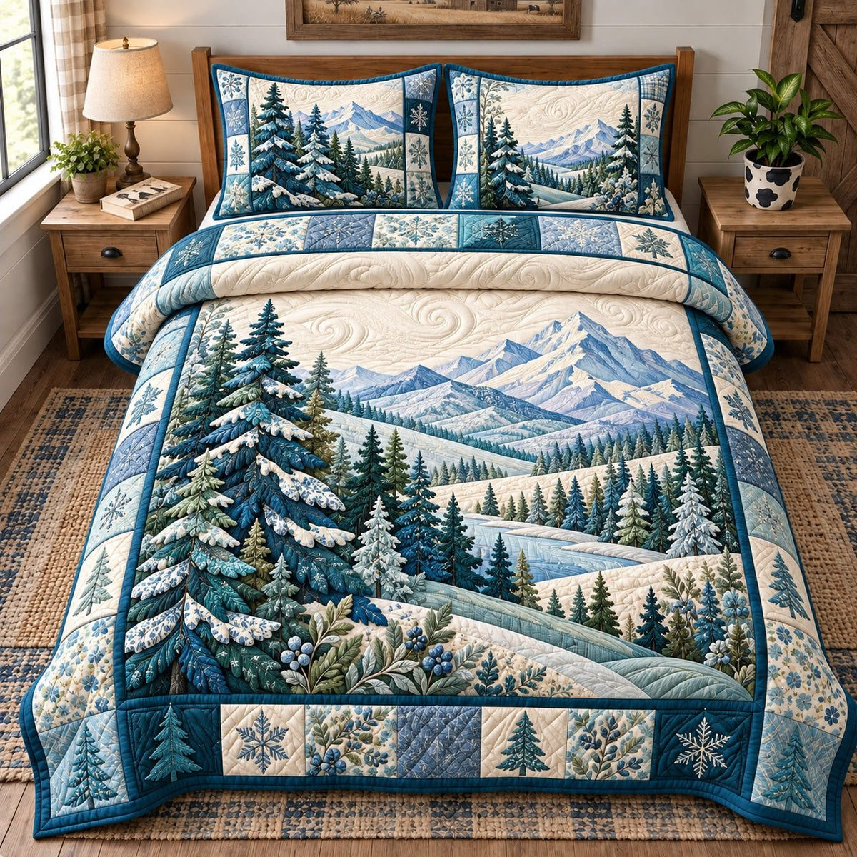 Winter Mountain quilted 3-piece bedding set on a made bed in a winter-styled bedroom