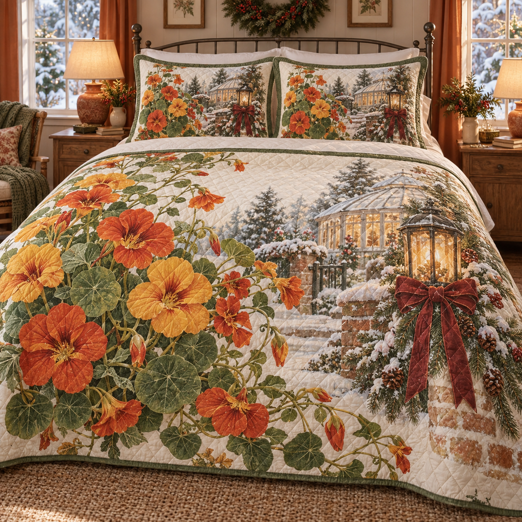 Winter Nasturtium Christmas 3-Piece Quilted Bedding Set — digital product visualization