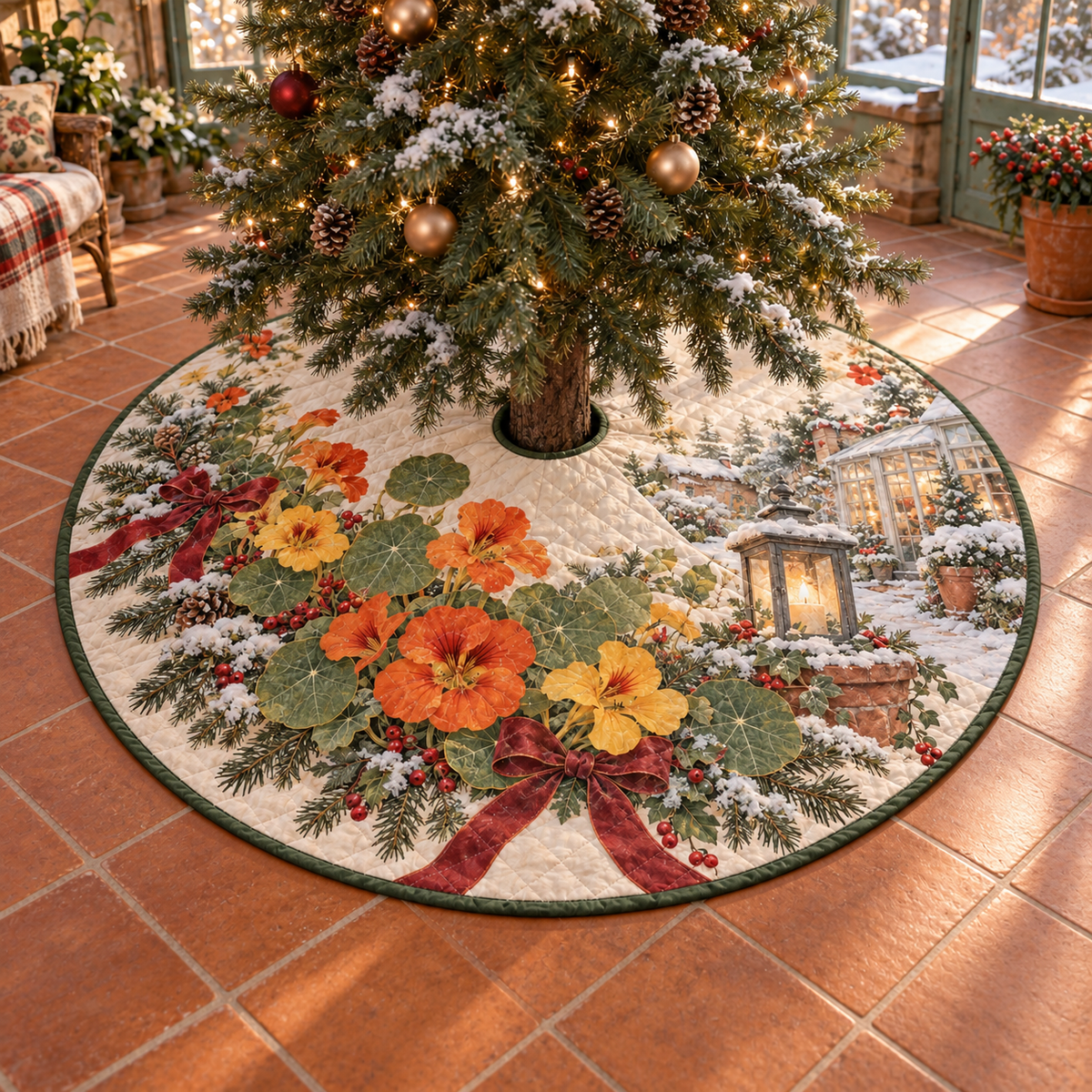 Winter Nasturtium Quilted Christmas Tree Skirt — digital product visualization