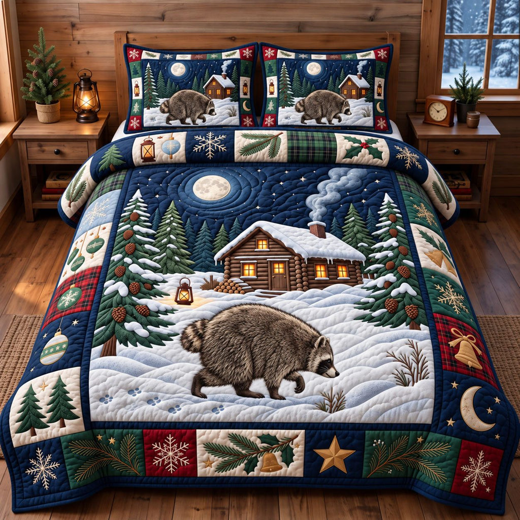 Winter Night Cabin Raccoon quilted 3-piece bedding set on a made bed in a winter-styled bedroom