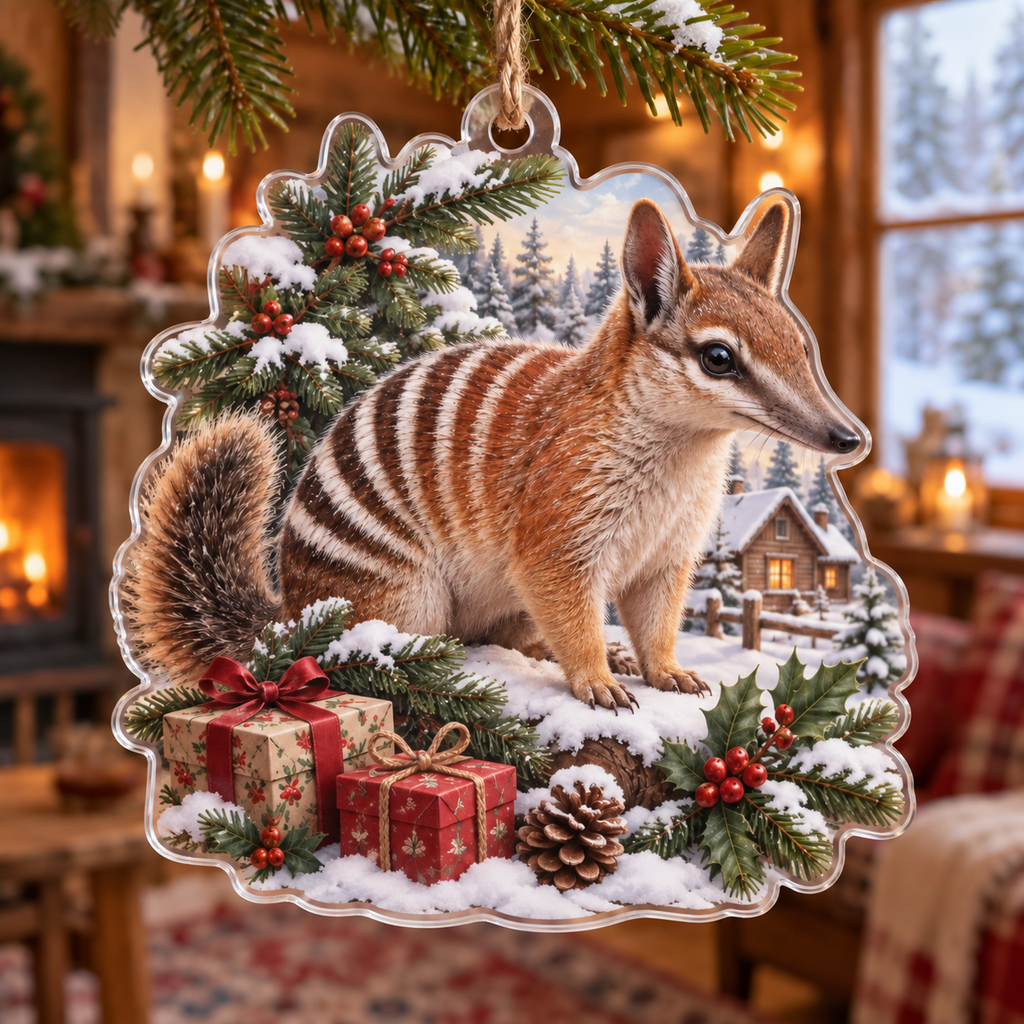 Winter Numbat Acrylic Christmas Ornament — digital product visualization