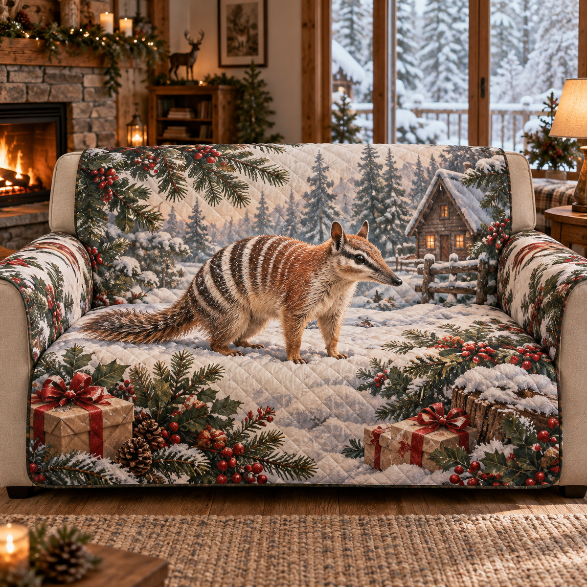 Winter Numbat Christmas Quilted Sofa Cover — digital product visualization