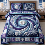 Winter Ocean quilted 3-piece bedding set on a made bed in a winter-styled bedroom