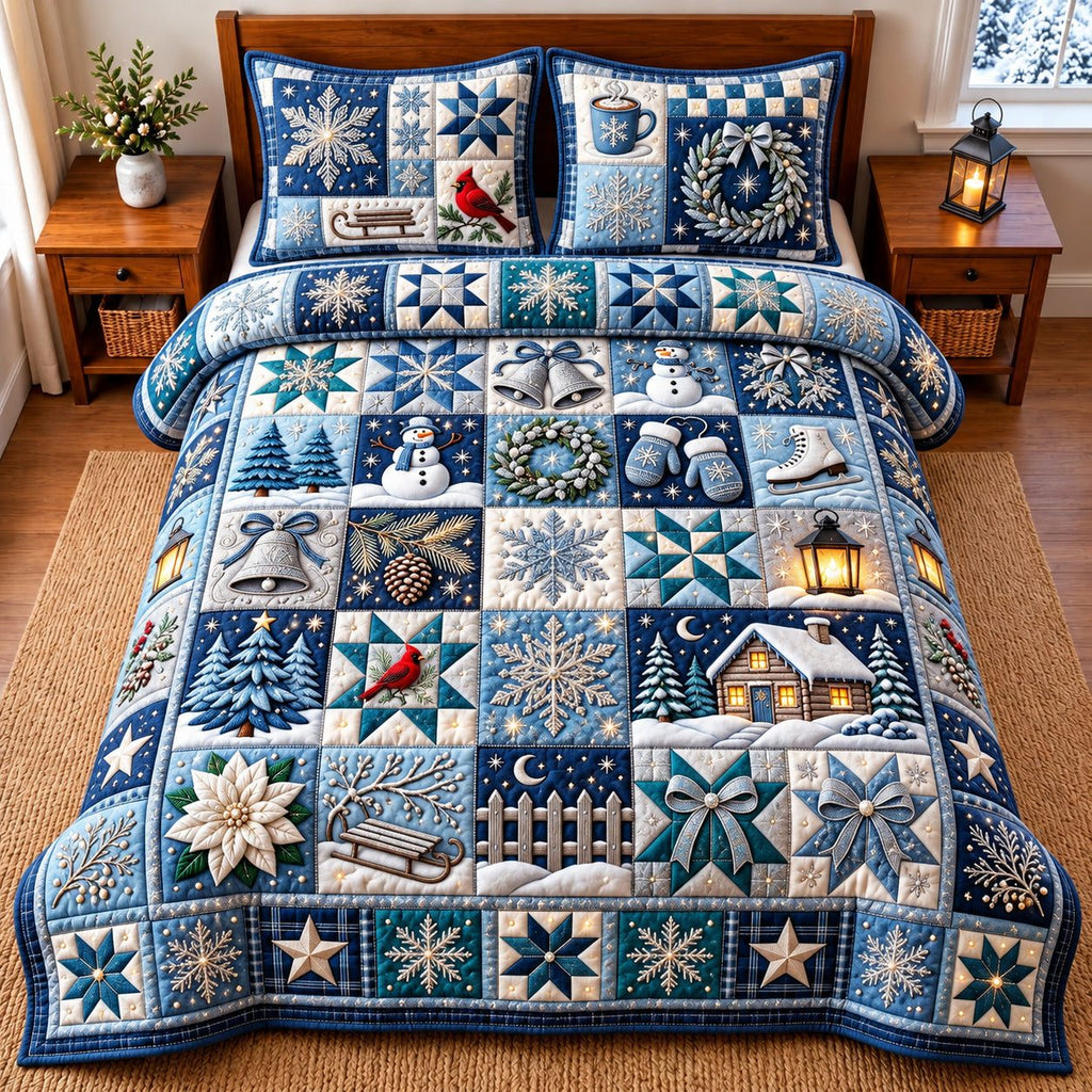 Winter Patchwork quilted 3-piece bedding set on a made bed in a winter-styled bedroom