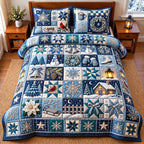 Winter Patchwork quilted 3-piece bedding set on a made bed in a winter-styled bedroom