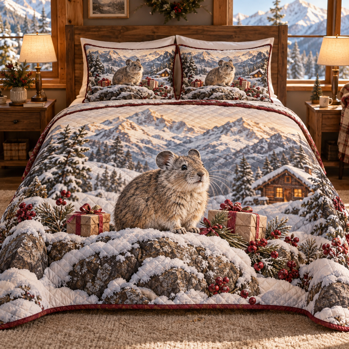Winter Pika Christmas 3-Piece Quilted Bedding Set — digital product visualization