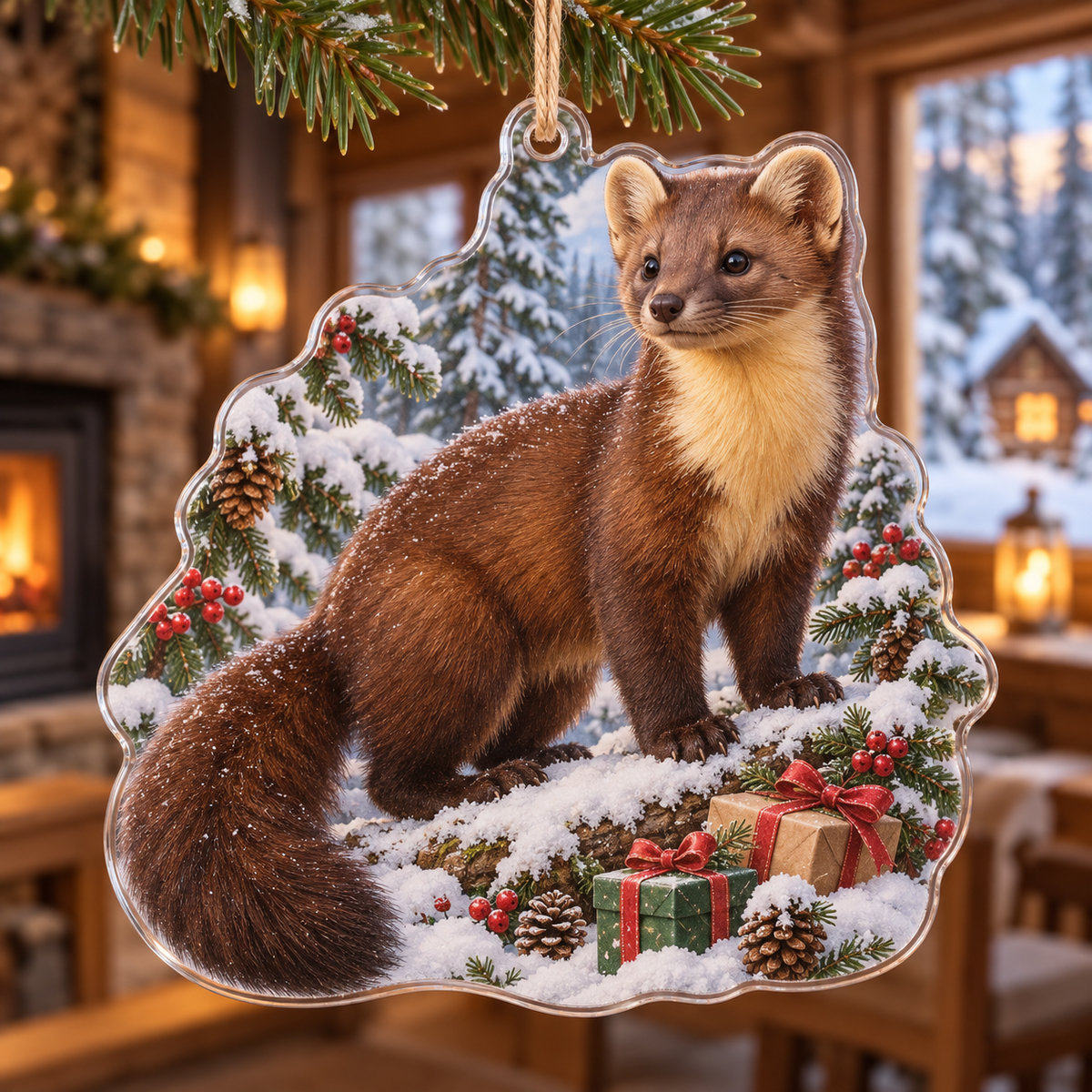 Winter Pine Marten Acrylic Christmas Ornament — digital product visualization