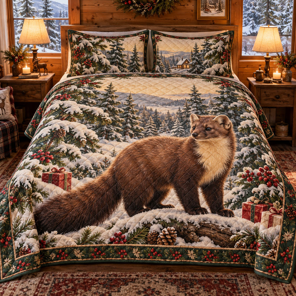 Winter Pine Marten Christmas 3-Piece Quilted Bedding Set — digital product visualization