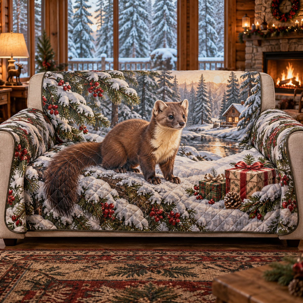 Winter Pine Marten Christmas Quilted Sofa Cover — digital product visualization