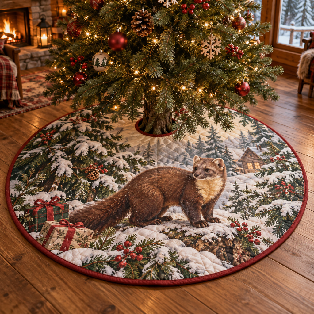 Winter Pine Marten Quilted Christmas Tree Skirt — digital product visualization