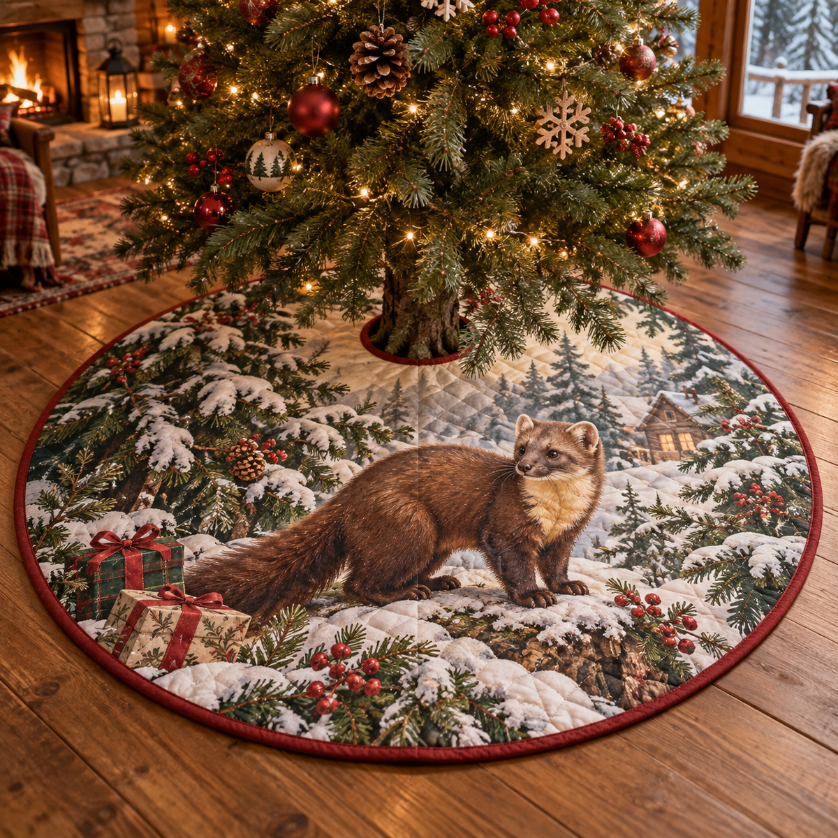 Winter Pine Marten Quilted Christmas Tree Skirt — digital product visualization