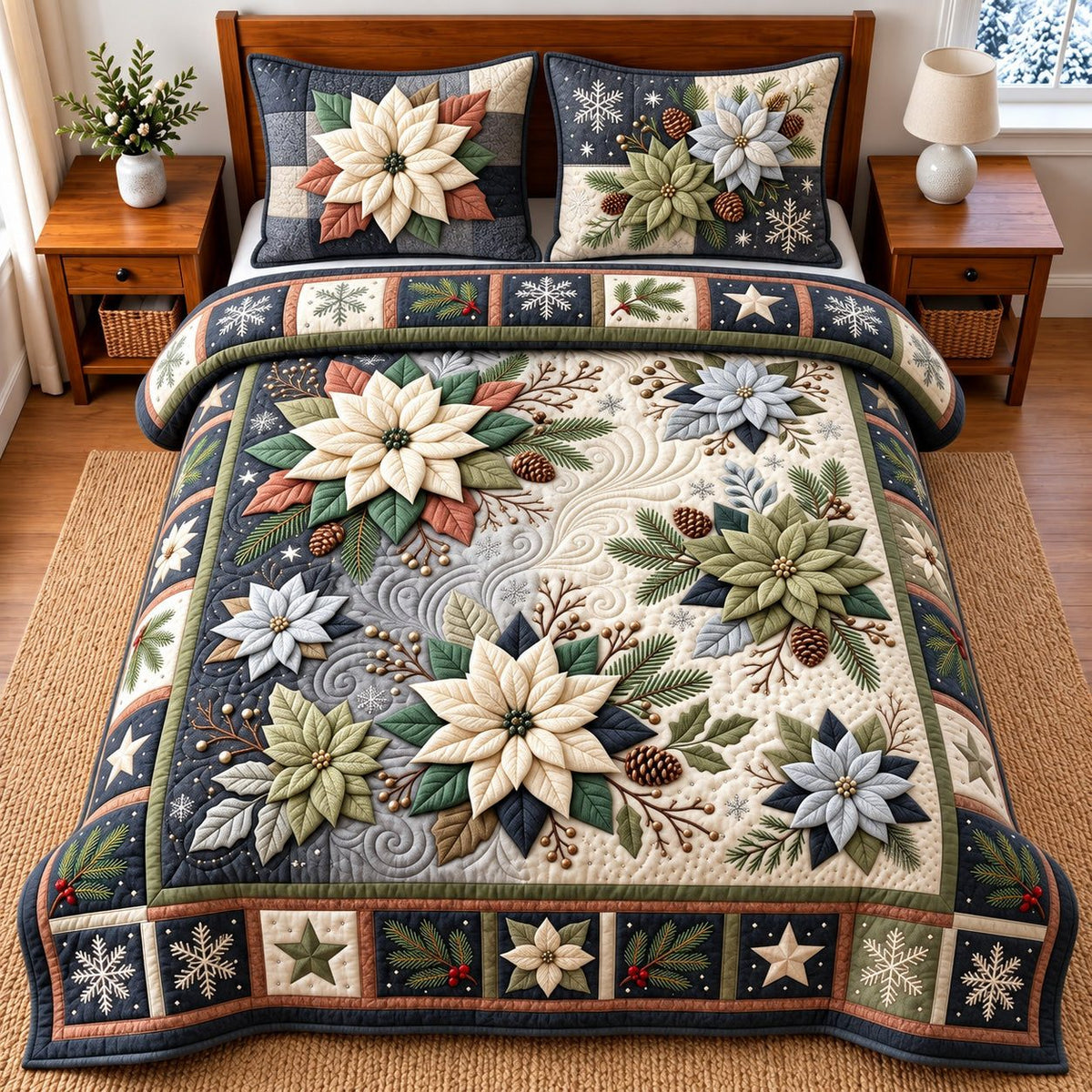 Winter Poinsettia quilted 3-piece bedding set on a made bed in a winter-styled bedroom