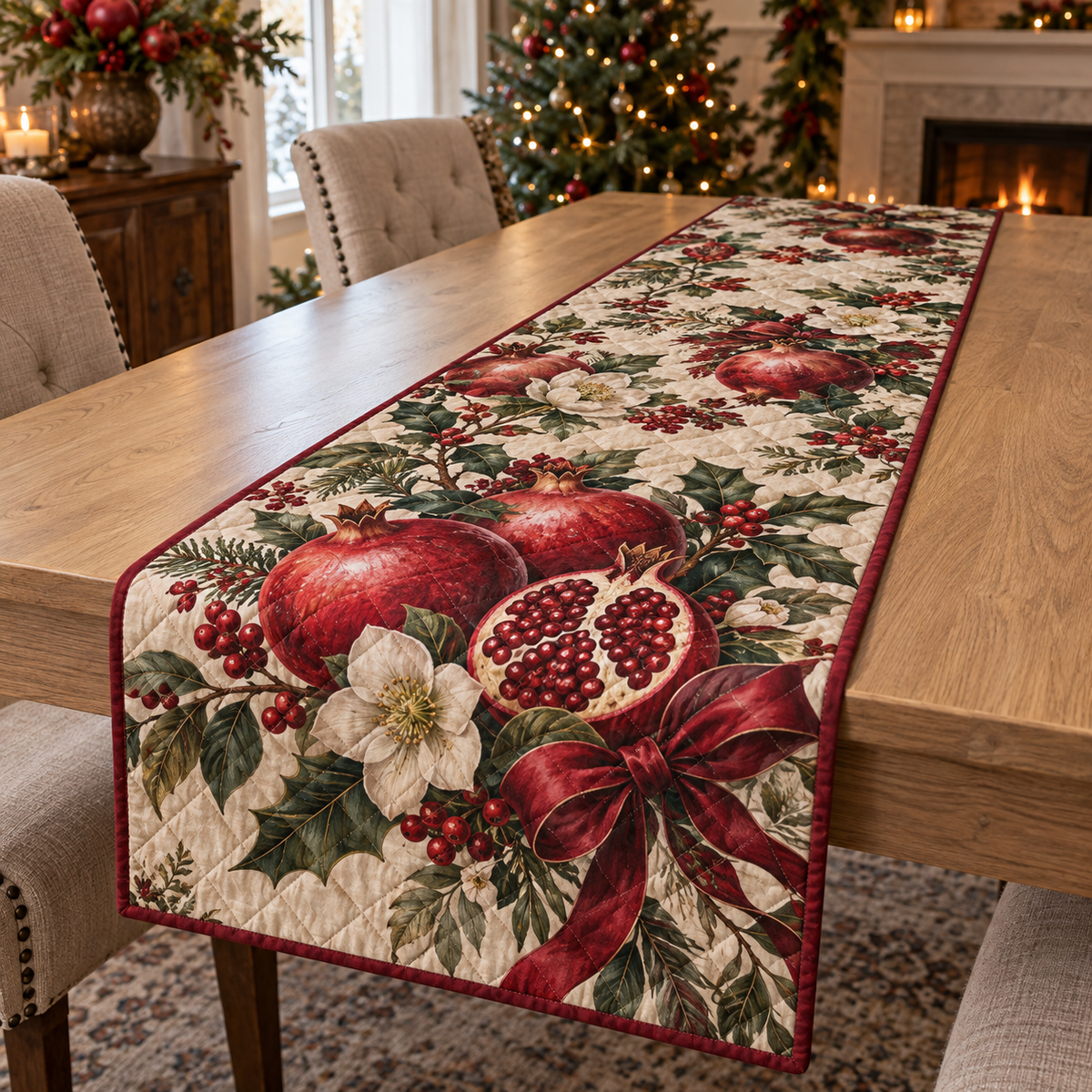 Winter Pomegranate Christmas Quilted Table Runner — digital product visualization