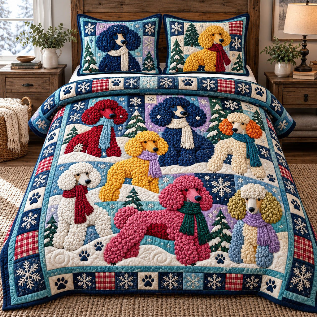 Winter Poodle Crew quilted 3-piece bedding set on a made bed in a winter-styled bedroom