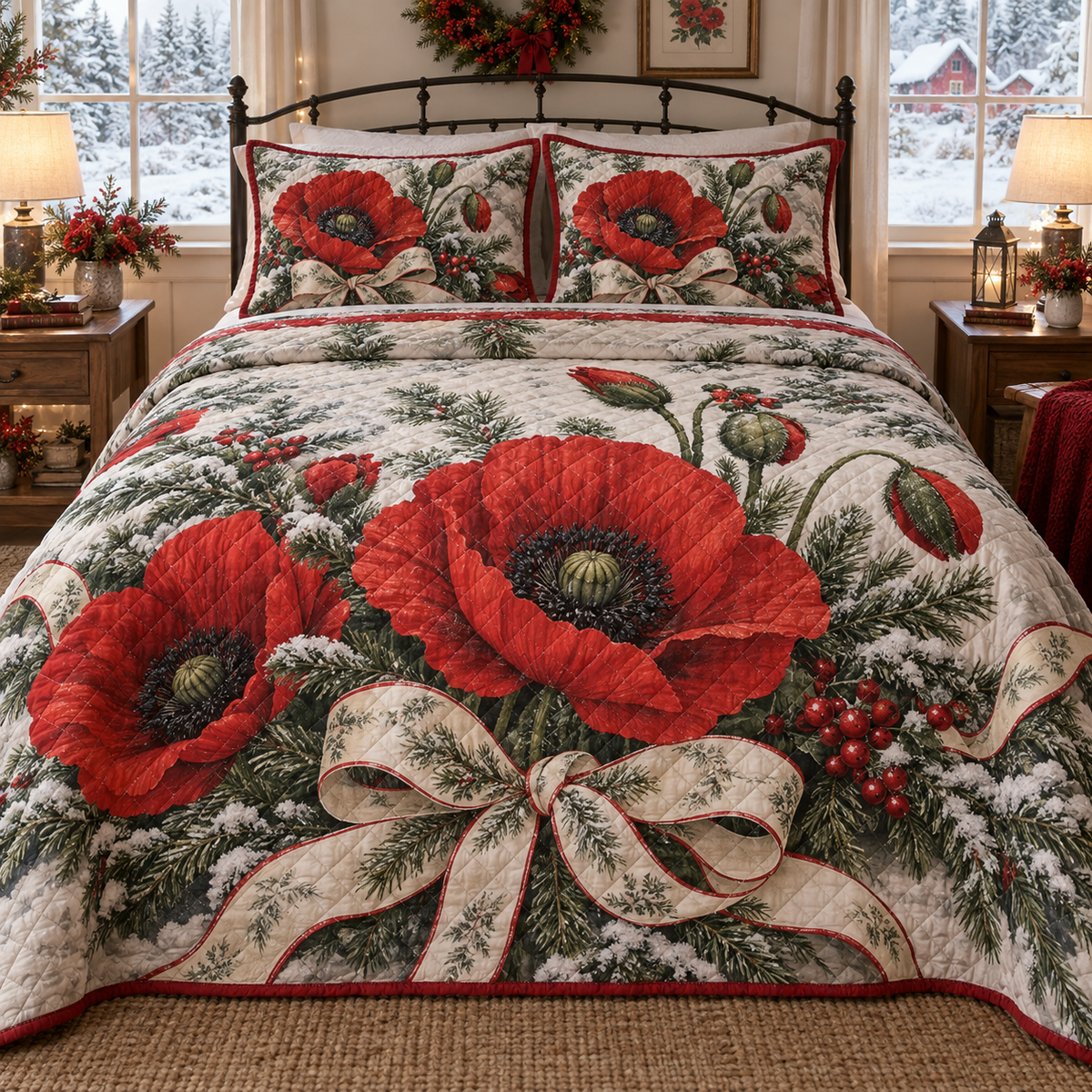 Winter Poppy Christmas 3-Piece Quilted Bedding Set — digital product visualization