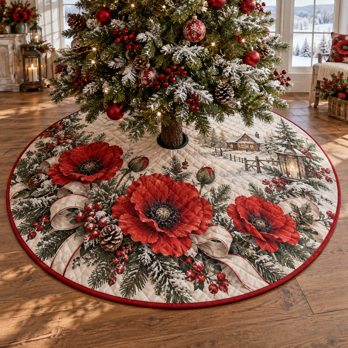 Winter Poppy Quilted Christmas Tree Skirt — digital product visualization