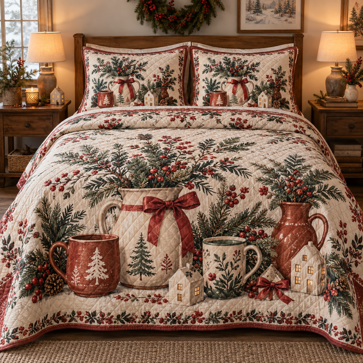 Winter Pottery Christmas 3-Piece Quilted Bedding Set — digital product visualization