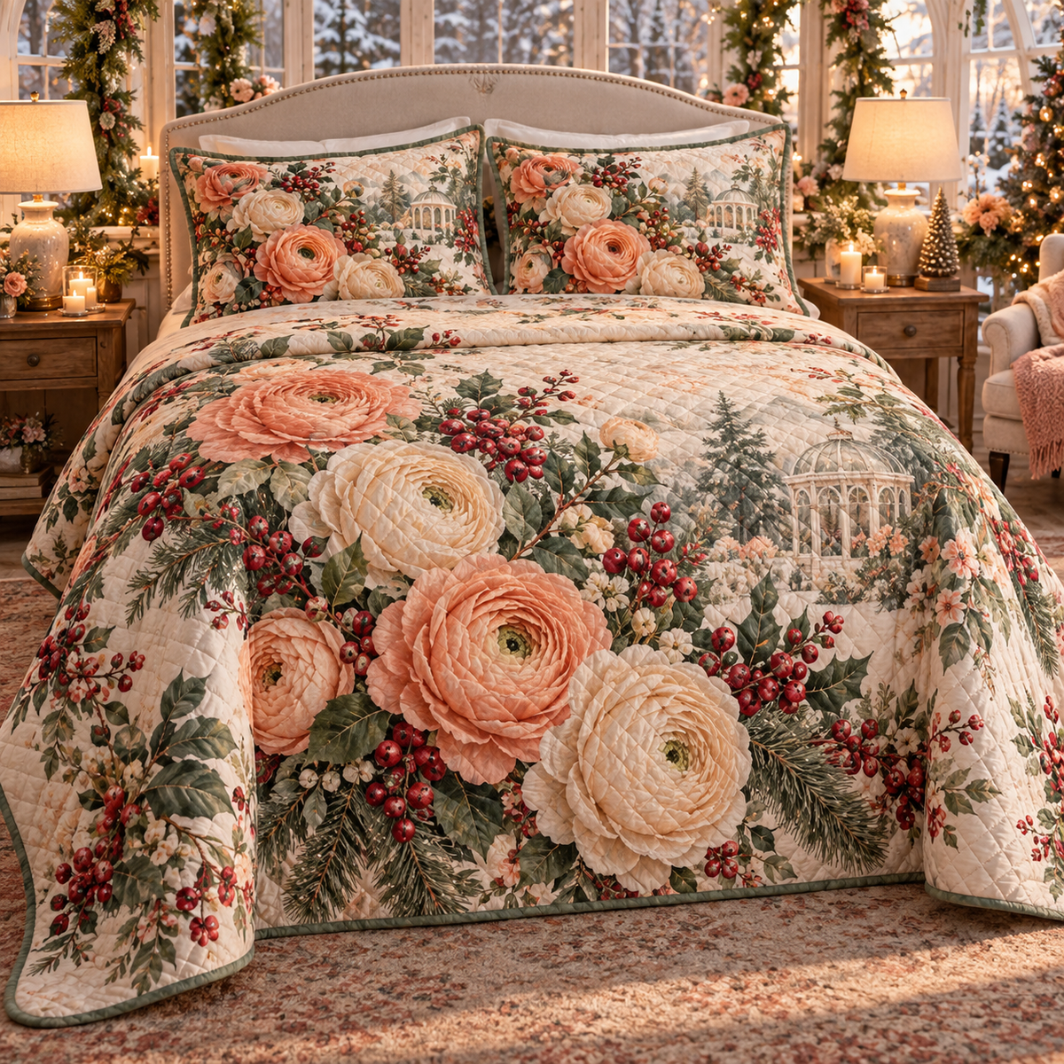 Winter Ranunculus Christmas 3-Piece Quilted Bedding Set — digital product visualization
