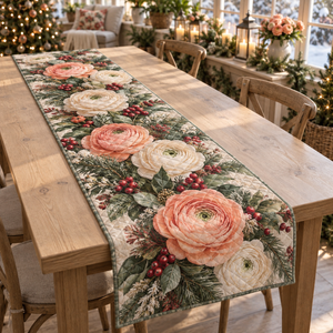 Winter Ranunculus Christmas Quilted Table Runner