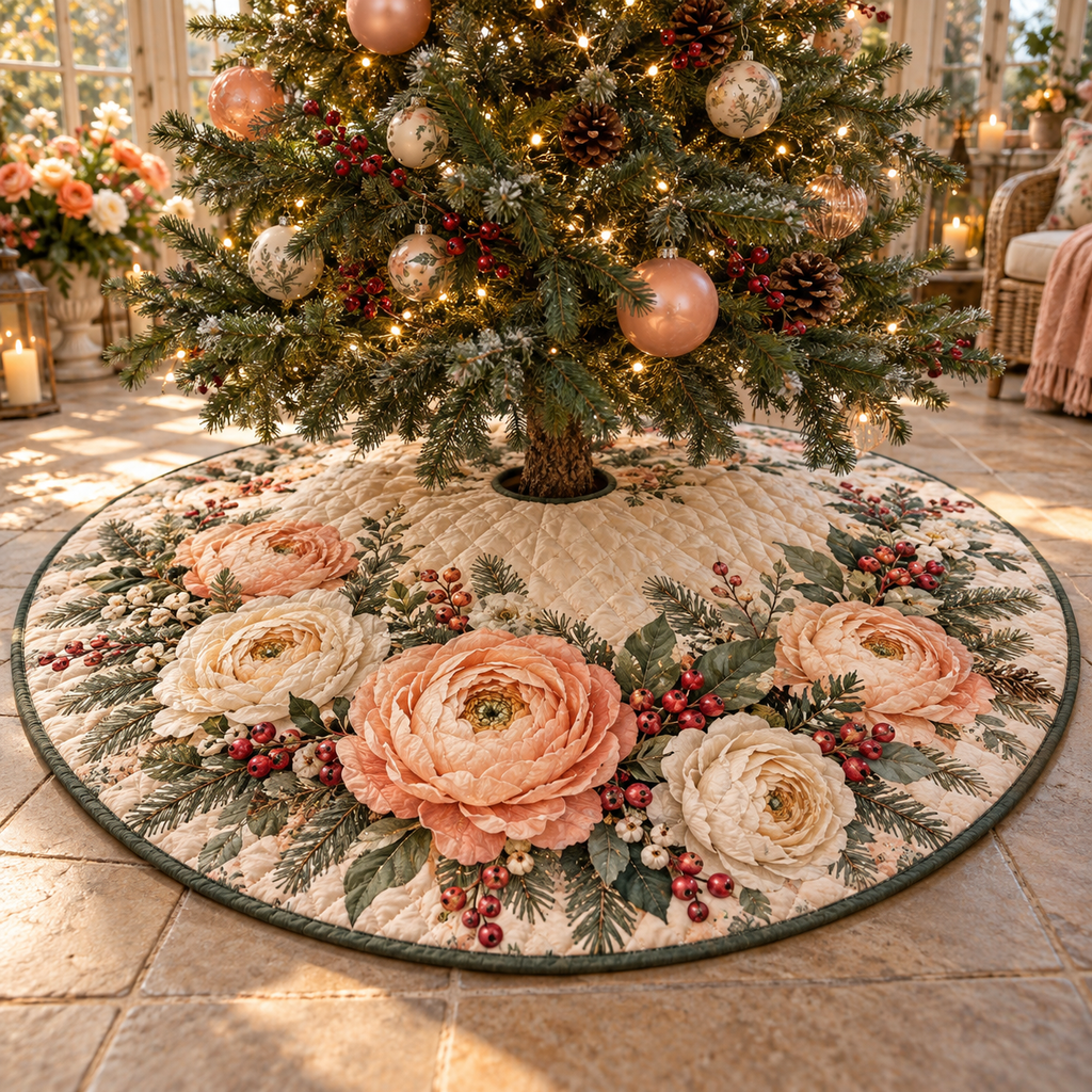 Winter Ranunculus Quilted Christmas Tree Skirt — digital product visualization