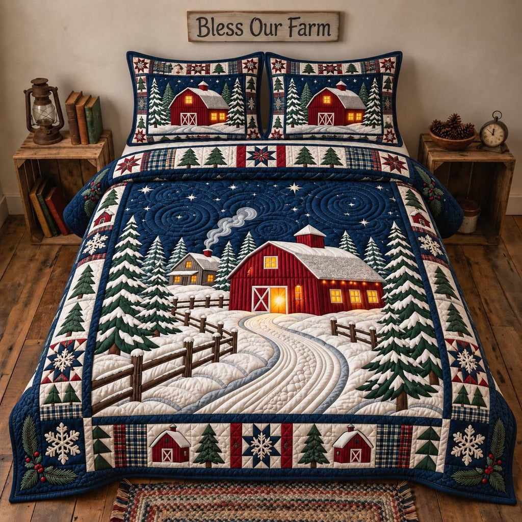 Winter Red Barn quilted 3-piece bedding set on a made bed in a winter-styled bedroom