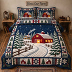 Winter Red Barn quilted 3-piece bedding set on a made bed in a winter-styled bedroom