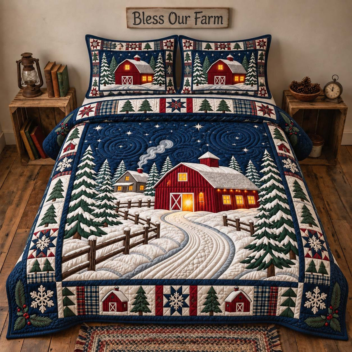 Winter Red Barn quilted 3-piece bedding set on a made bed in a winter-styled bedroom