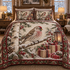 Winter Redpoll Christmas 3-Piece Quilted Bedding Set — digital product visualization