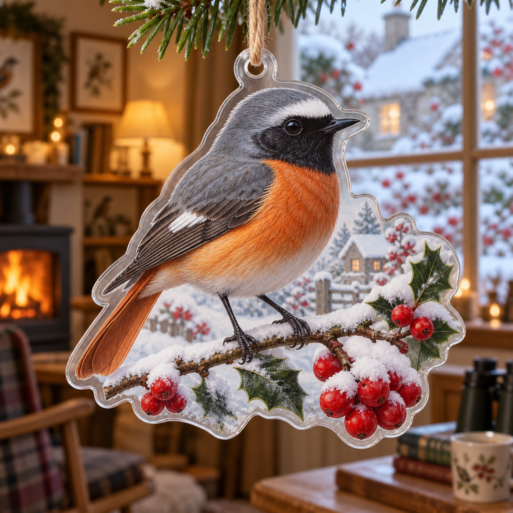 Winter Redstart Acrylic Christmas Ornament — digital product visualization