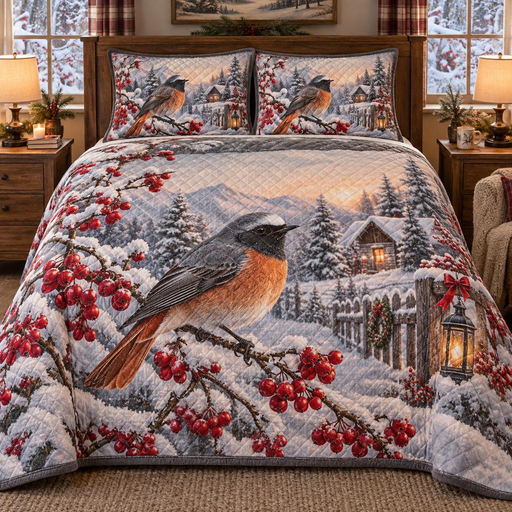 Winter Redstart Christmas 3-Piece Quilted Bedding Set — digital product visualization