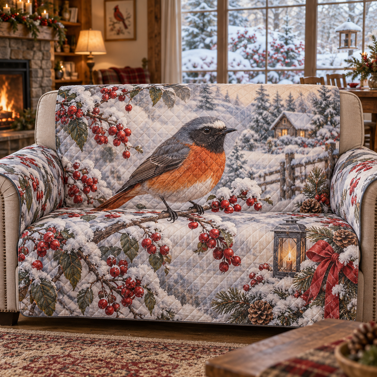 Winter Redstart Christmas Quilted Sofa Cover — digital product visualization