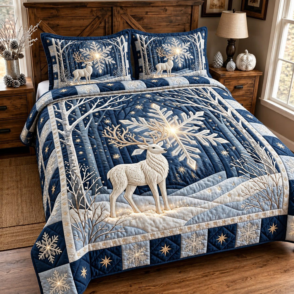 Winter Reindeer quilted 3-piece bedding set on a made bed in a winter-styled bedroom