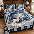 Winter Reindeer quilted 3-piece bedding set on a made bed in a winter-styled bedroom