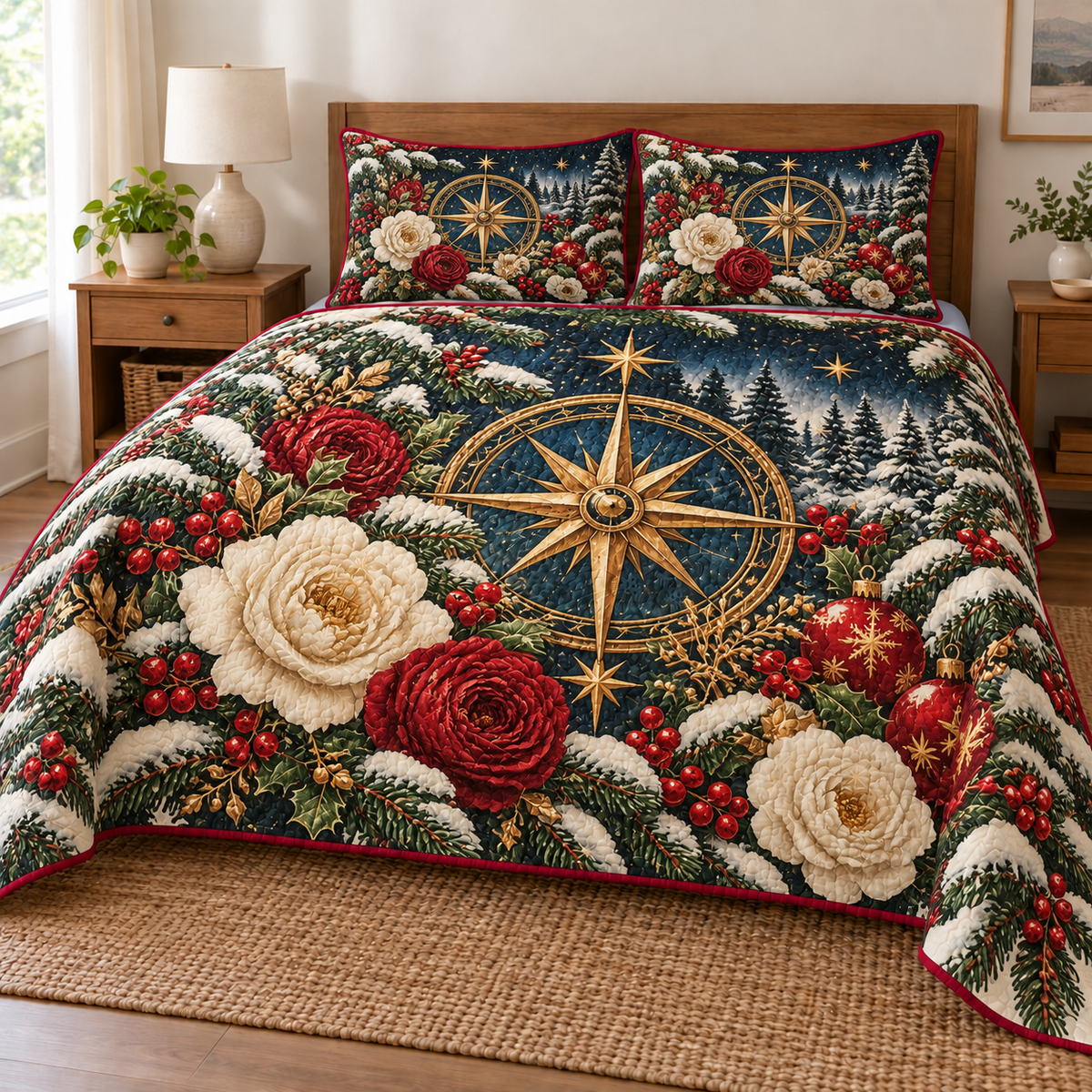 Winter Rose Compass printed Christmas quilt and two matching pillow shams; design mockup showing a flat printed depth effect.