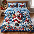 Winter Santa quilted 3-piece bedding set on a made bed in a winter-styled bedroom