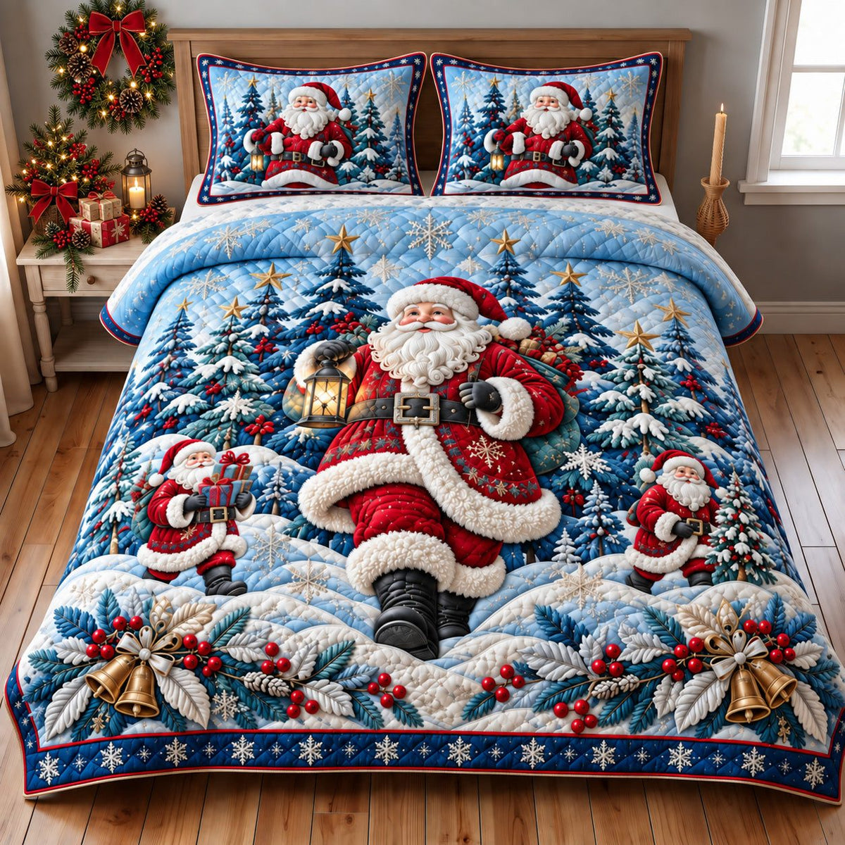 Winter Santa quilted 3-piece bedding set on a made bed in a winter-styled bedroom