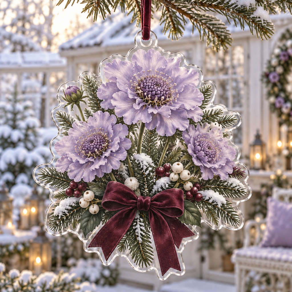 Winter Scabiosa Acrylic Christmas Ornament — digital product visualization
