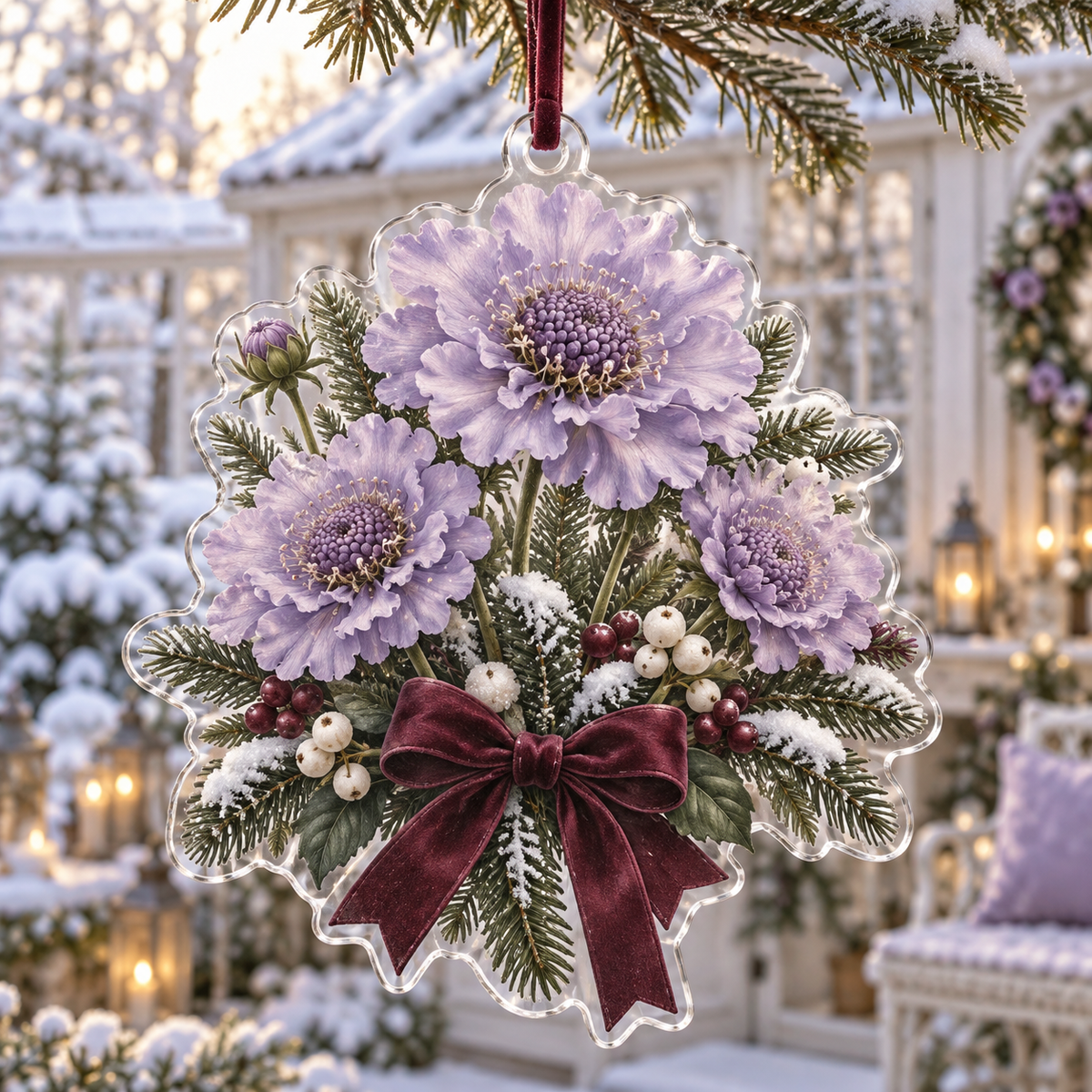 Winter Scabiosa Acrylic Christmas Ornament — digital product visualization