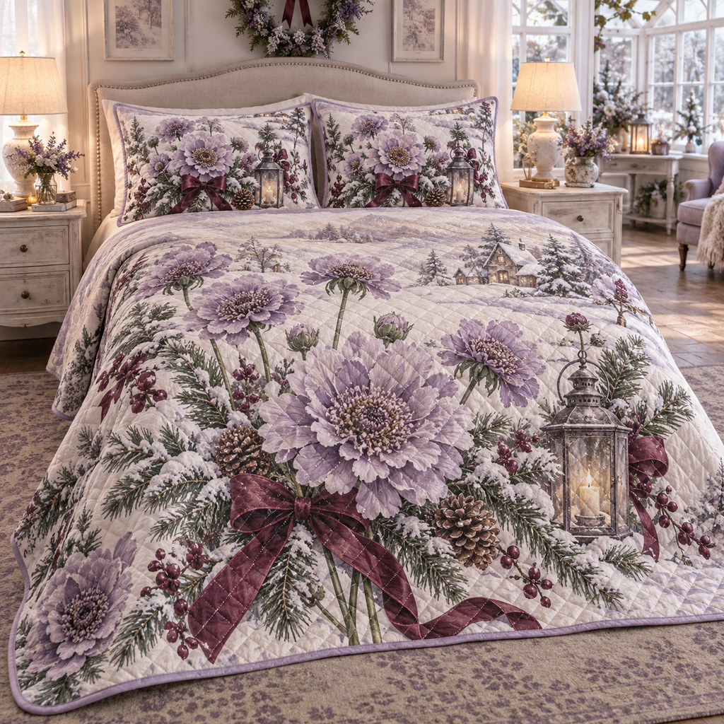 Winter Scabiosa Christmas 3-Piece Quilted Bedding Set — digital product visualization
