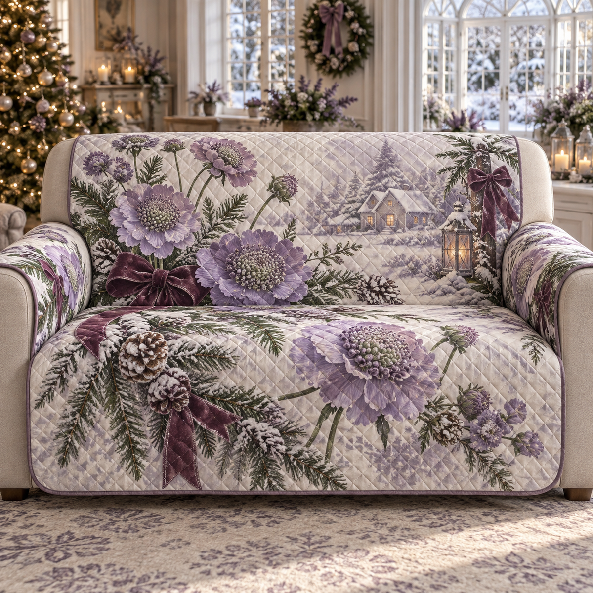 Winter Scabiosa Christmas Quilted Sofa Cover — digital product visualization