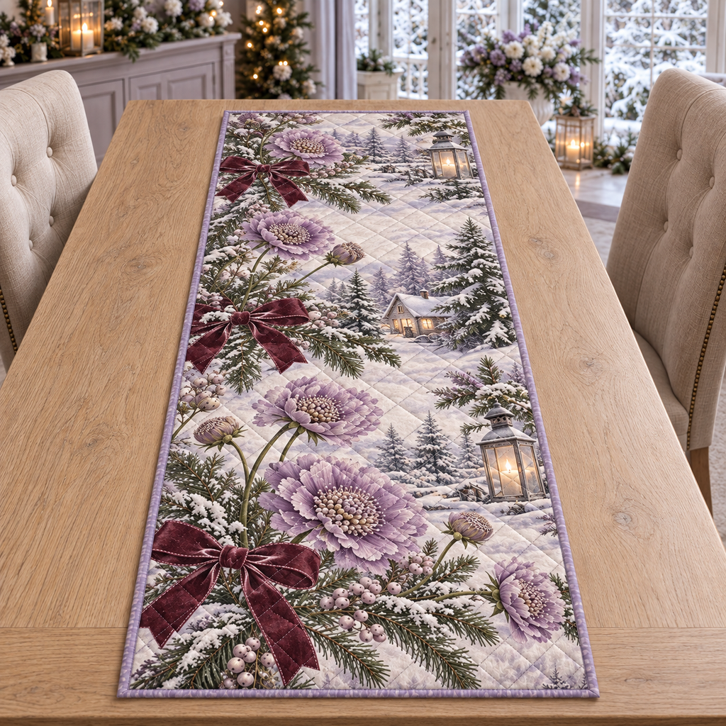 Winter Scabiosa Christmas Quilted Table Runner — digital product visualization