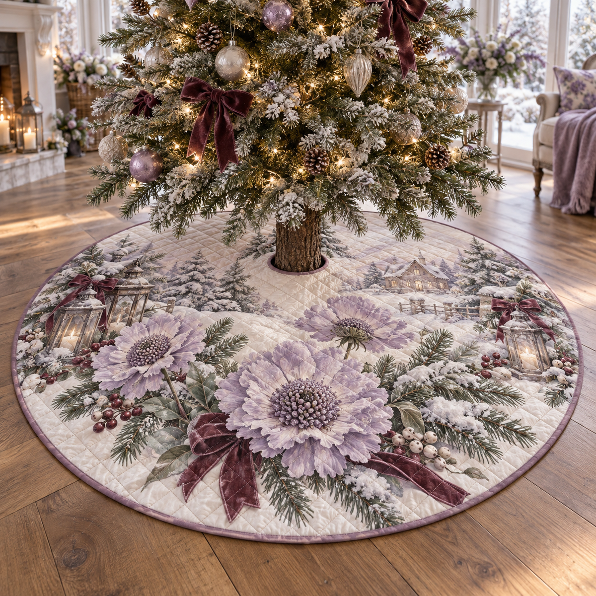 Winter Scabiosa Quilted Christmas Tree Skirt — digital product visualization