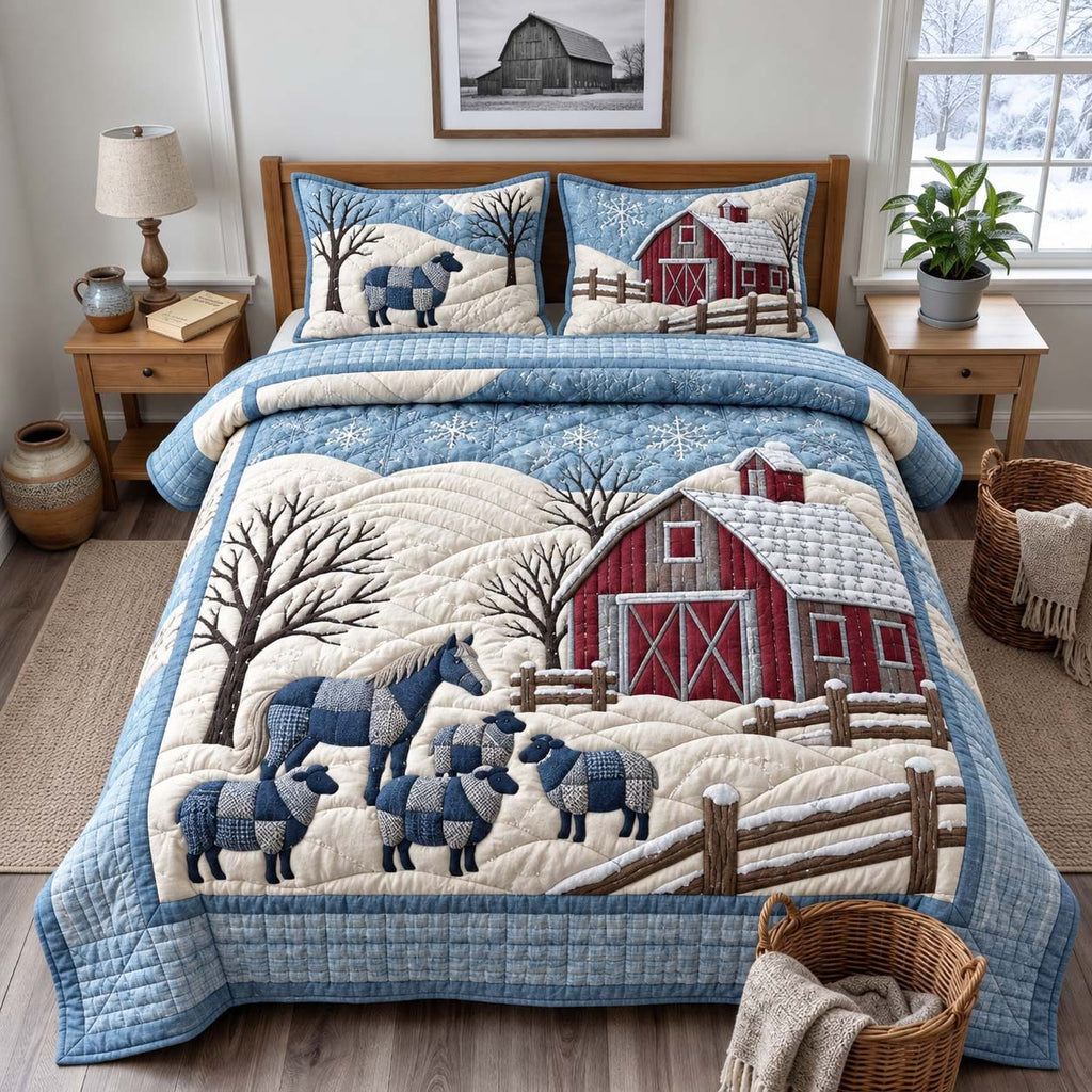 Winter Sheep Farm quilted 3-piece bedding set on a made bed in a winter-styled bedroom