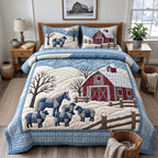 Winter Sheep Farm quilted 3-piece bedding set on a made bed in a winter-styled bedroom