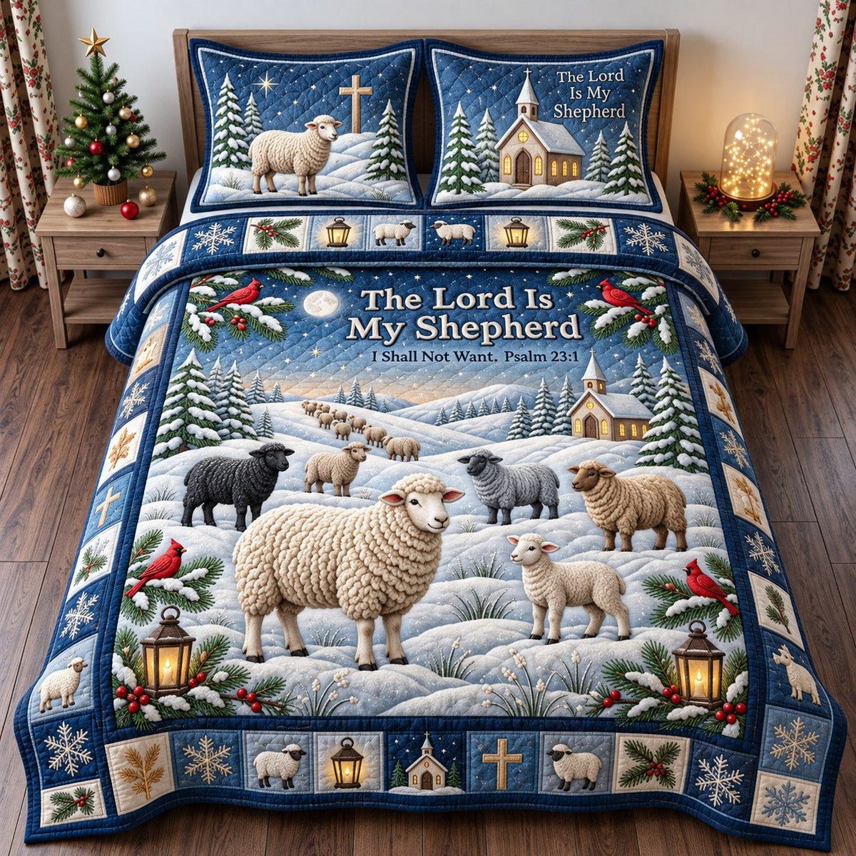 Winter Shepherd quilted 3-piece bedding set on a made bed in a winter-styled bedroom