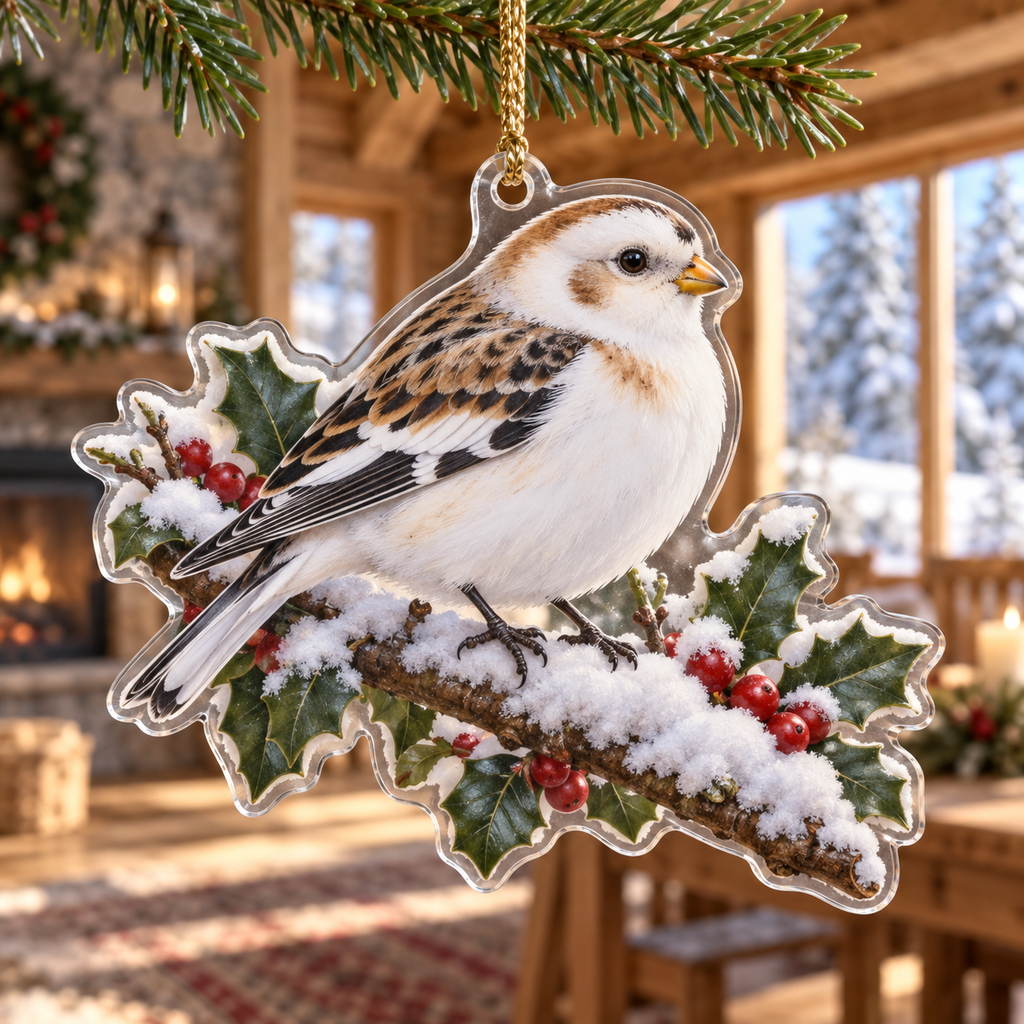 Winter Snow Bunting Acrylic Christmas Ornament — digital product visualization